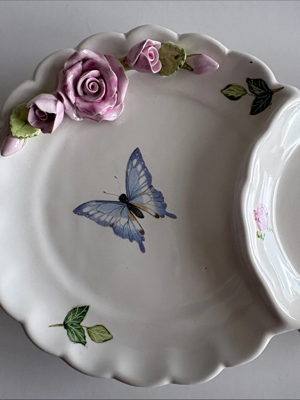 Floral Butterfly Porcelain Divided Serving Dish in White and Pink